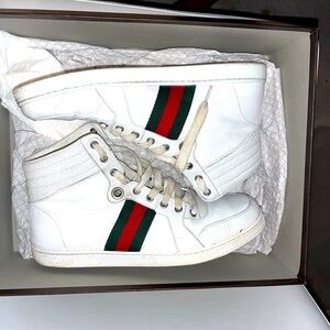 GUCCI Ace High Top 221825 GG White Green & Red Stripe Sneakers Mens 8 G US 9